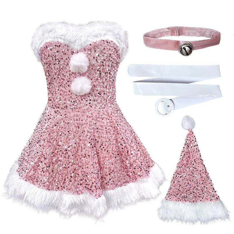 Christmas Atmosphere New Year's Robe Women's Christmas Dress Pink Red Sequined Dress Plush