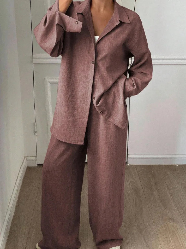 2026 New Women Linen Two Piece Outfit Set Lapel Long Sleeve Button Shirts Elastic Waist Wide Leg Pants Casual Loose Home Suit