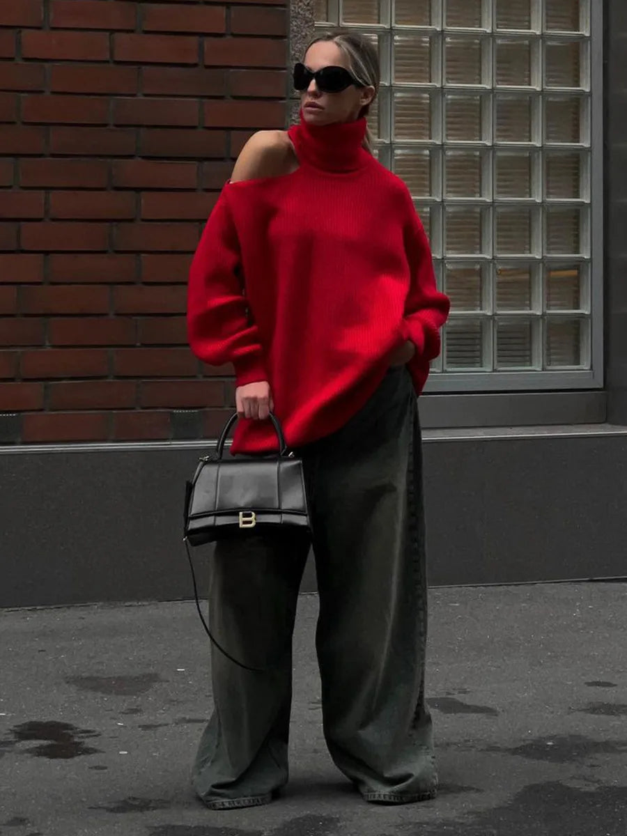 Women New Turtleneck Cutout Shoulder Pullover Long Sleeve Ribbed Knit Trendy Loose Fit Sweater Autumn Winter Fashion Streetwear