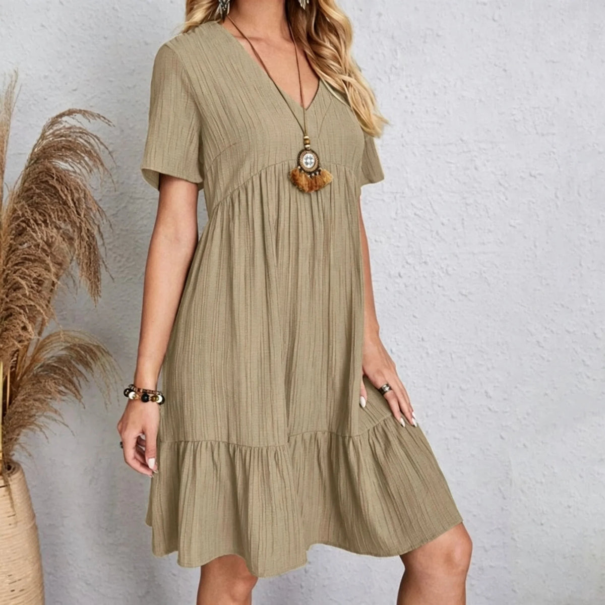 Women Elegant V Neck Ruffles Mini Dress Summer Vintage Solid Loose Sundress Bohemian Casual Solid Beach Party Vestidos