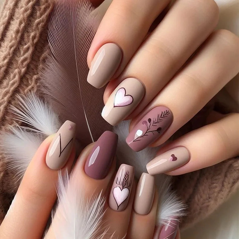 24Pcs Mid-length Ballet False Nails Red Love Pattern Design Press on Nails Simple Wearable Finished Coffin Fake Nail Tips