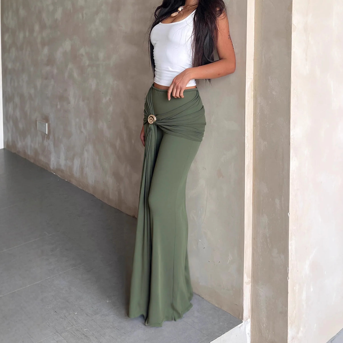 BKLD 2026 New Fashion Metal Accessory Bag Hip Skirts Soid Color Green Sexy Low Waist Tight Long Skirts Women Clothing Party