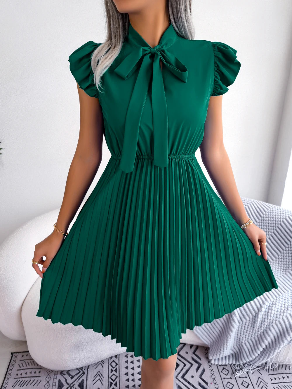 Elegant Bow Tie Pleated Dress 2026 Women Summer Solid Color Ruffles Short Sleeve Mini Dress Green Red Black Blue Woman Clothing