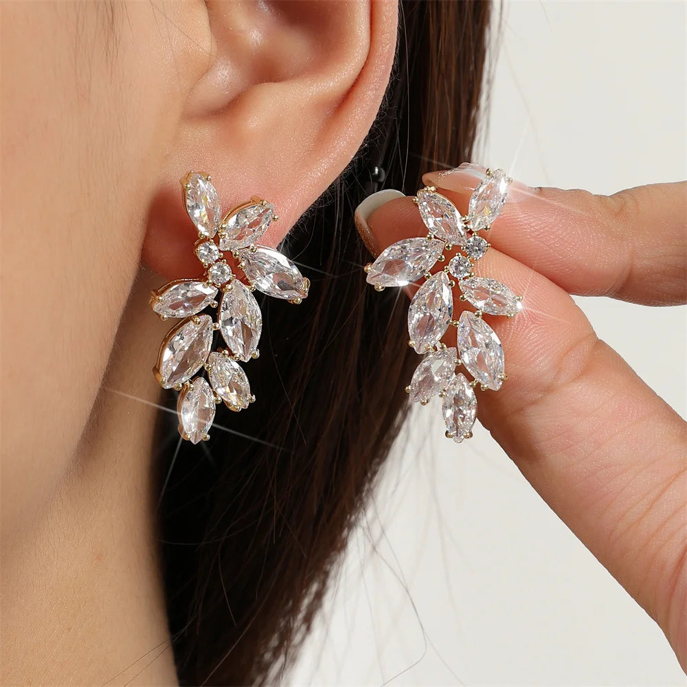 ZAKOL Luxury Leaf Marquise Zircon Bridal Earrings for Women White Shiny Crystal Elegant Wedding Party Jewelry