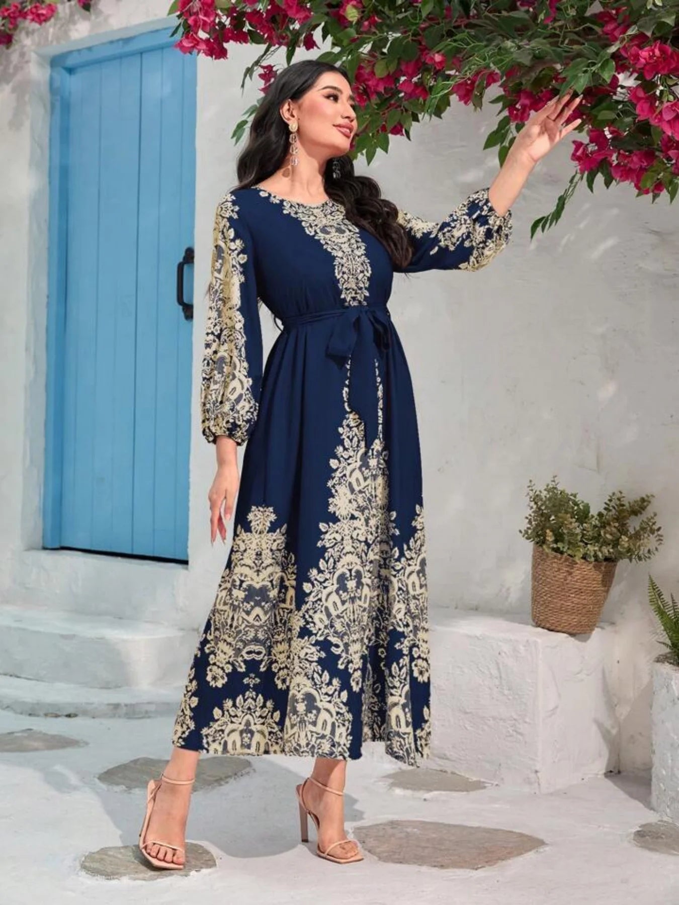 New arrival  Lady Elegant Classic Print Waist Belt Dress Long Dress