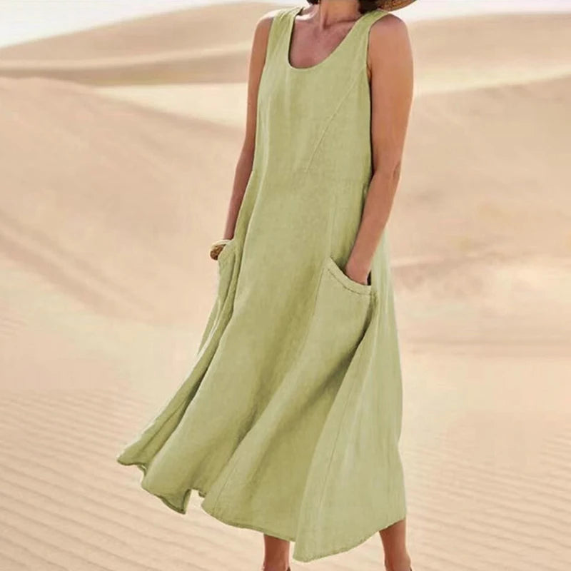 Women Casual Sleeveless A Line Dress with Pockets Vintage Hrajuku Loose Midi Length Maxi Dress Summer O Neck Cotton Linen Dress