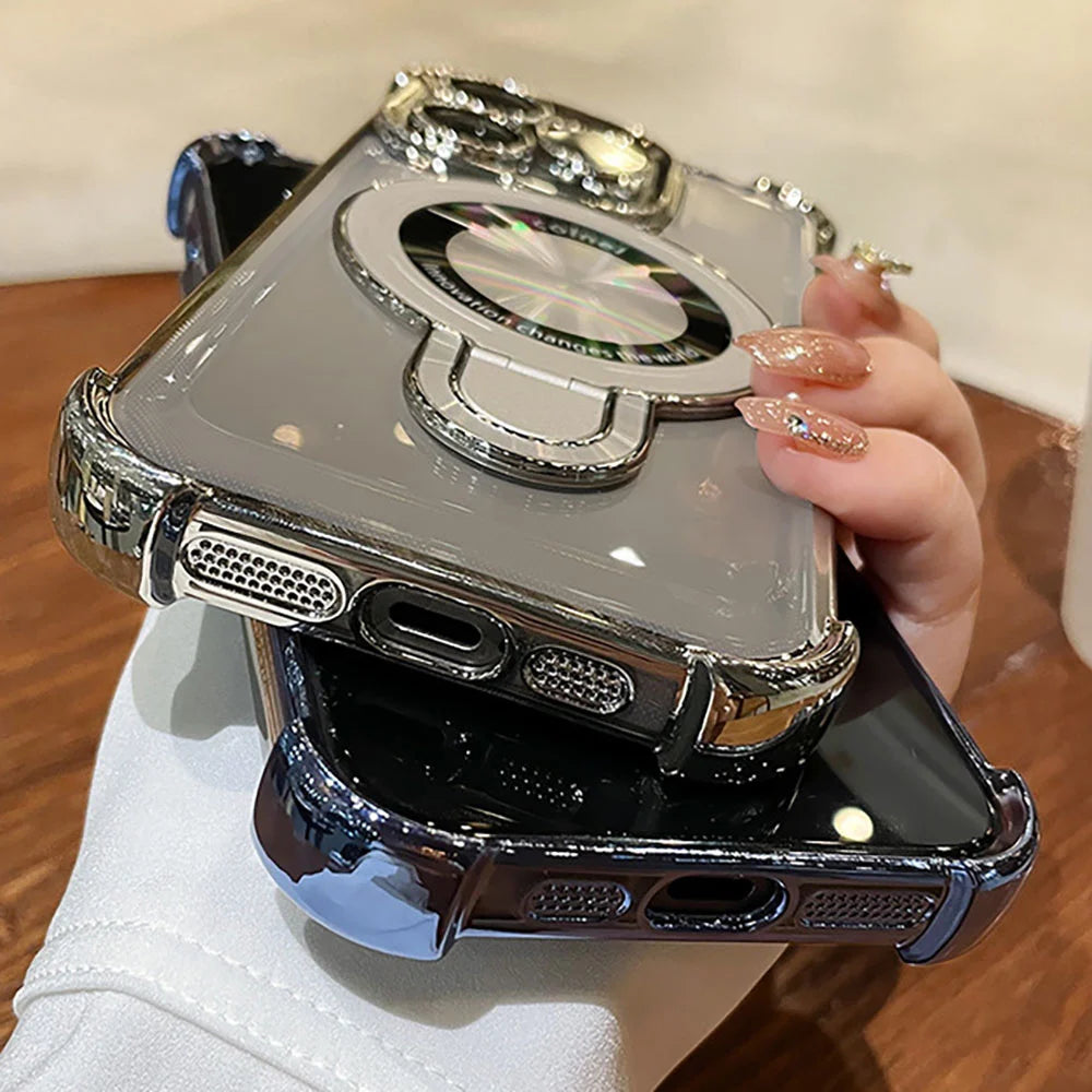 Luxury Plating Shockproof Magnetic Bracket For Magsafe Clear Case For iPhone 16 15 14 13 12 11 Pro Max With Holder Stand Cover