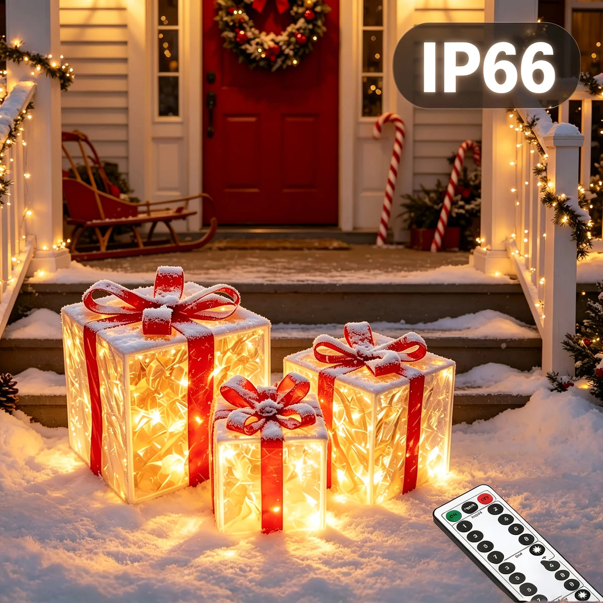 3 Pack Light Up Christmas Gift Box Ornaments, Battery Powered, Indoor & Outdoor Xmas Home, Porch, Lawn Holiday Decor