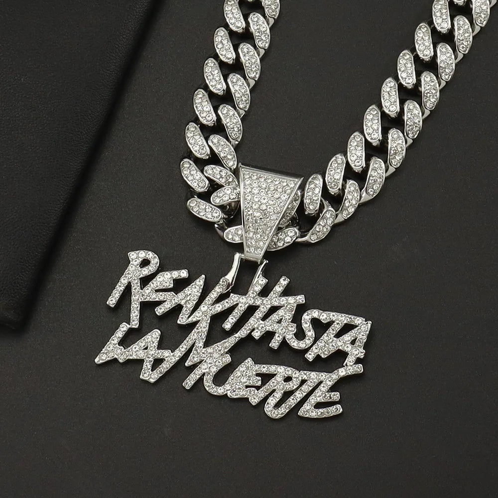 ZAKOL Hip Hop Letter Pendant Necklace for Women Men Shiny Rhinestones 13MM Cuban Chain Necklaces Fashion Jewelry Gifts