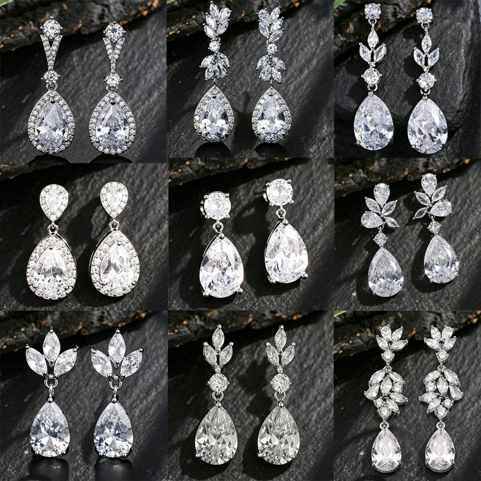 ZAKOL 9 Types Classic Sparkling Water Drop Zircon Pendant Dangle Earrings for Women Gorgeous Bride Bridesmaid Earring Jewelry