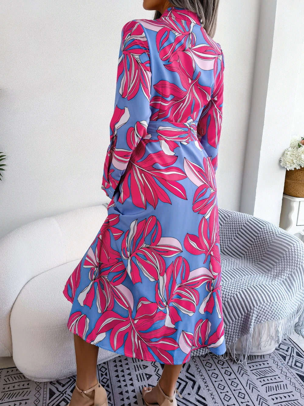 Women Casual Floral Print Long Sleeve Maxi Shirt Dress for Spring Autumn 2026 Elegant Contrast Color Lapel Buttons Long Dresses
