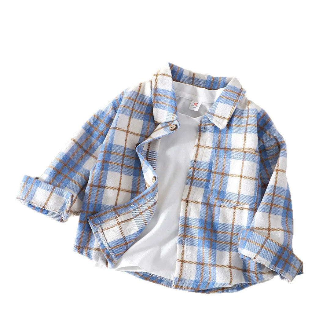 New 2026 Spring Autumn Kids Vintage Long Sleeve Lapel Casual Checked Shirt Tops Boys Classic Plaid Shirts Children's Clothing
