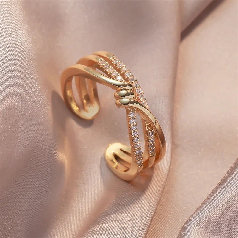 ZAKOL Fashion Double Layers Zircon Rings for Women Gold Color Plated Open Stainless Steel Ring Aesthetic Party Wedding Jewelry