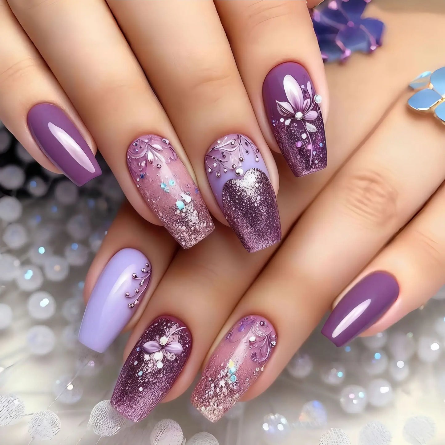 Medium long fake nails gradient purple blue colors with rhinestones design full cover reusable ABS press on Artificial nail