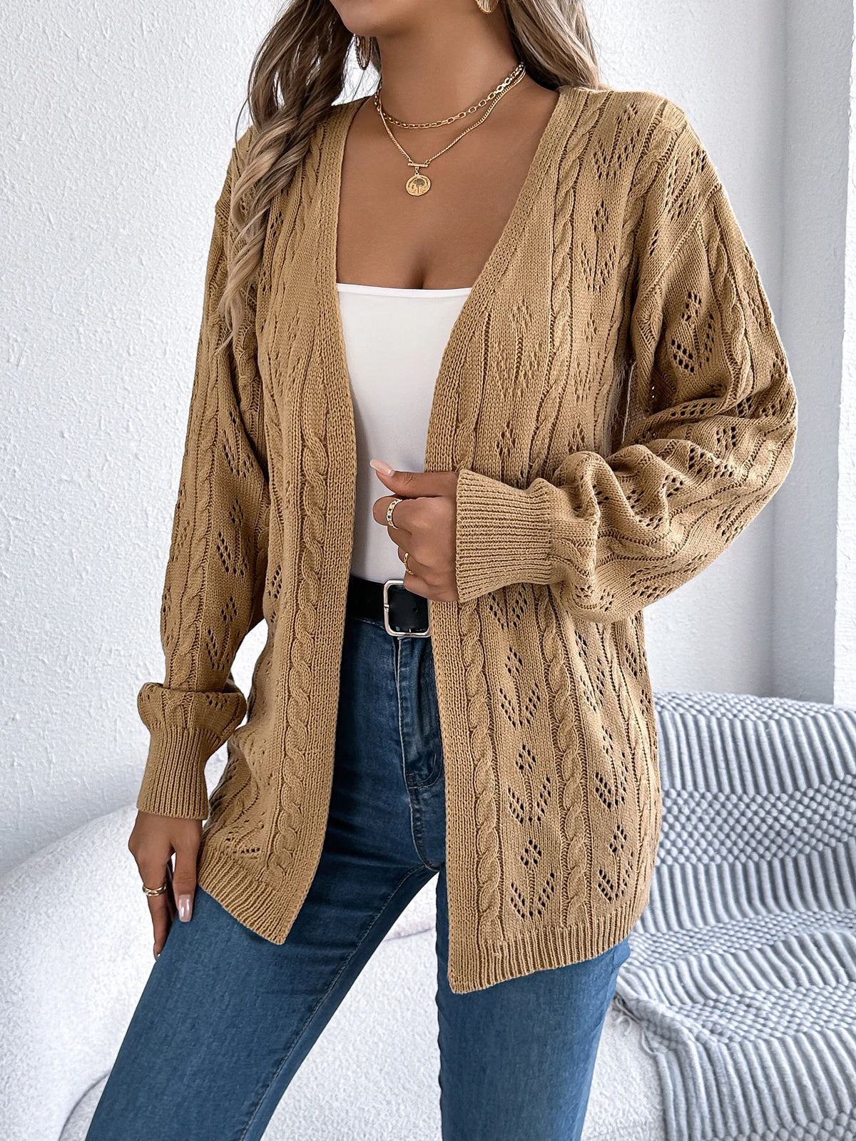 Women's Solid Color Hollow Out Knitted Cardigan Sweaters 2026 Autumn Winter Casual Lantern Long Sleeve Coats White Black Khaki