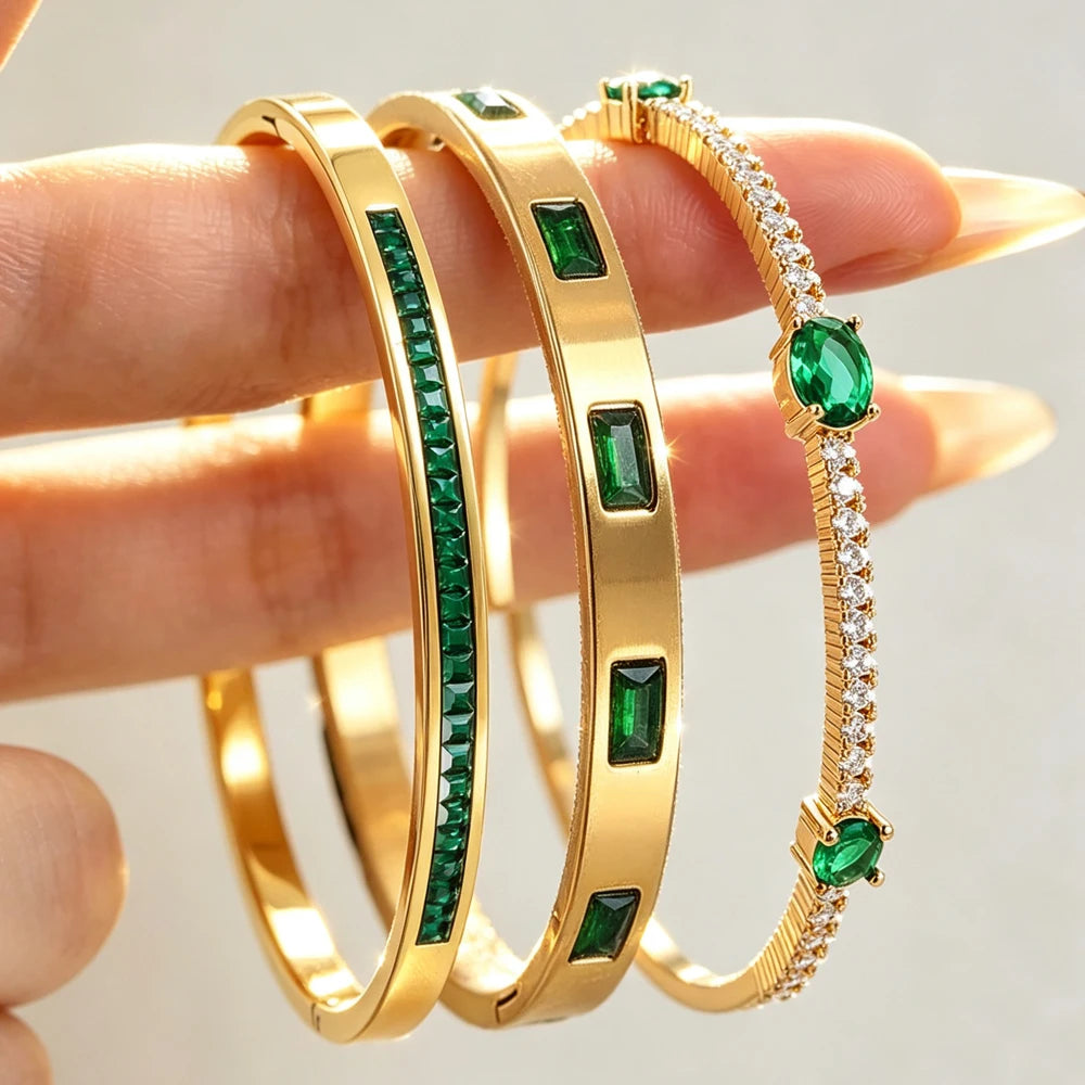 ZAKOL 3 Styles Shiny Green Geometric Zirconia Inlaid Stainless Steel Bracelets for Women Personalized Wedding Party Jewelry