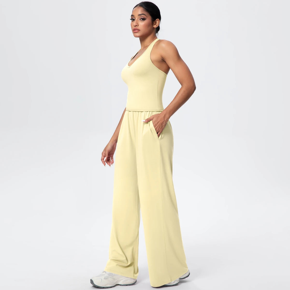 Breathable Loose Wide Leg Pants and Yoga Vest Set Solid Color High Stretch Pockets Pants Beautiful Back T-shaped Vest Yoga Suit