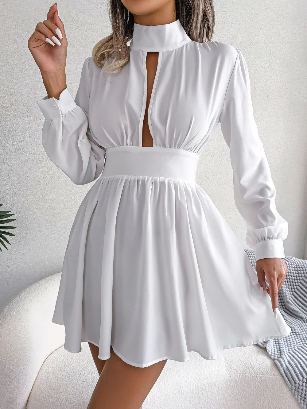 Spring Autumn Casual Solid Hollow Out Long Sleeve A Line Dress for Women Elegant Mini Dresses Red Black White Woman Clothing