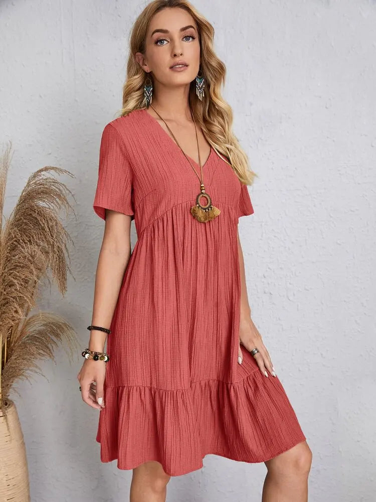 Women Elegant V Neck Ruffles Mini Dress Summer Vintage Solid Loose Sundress Bohemian Casual Solid Beach Party Vestidos