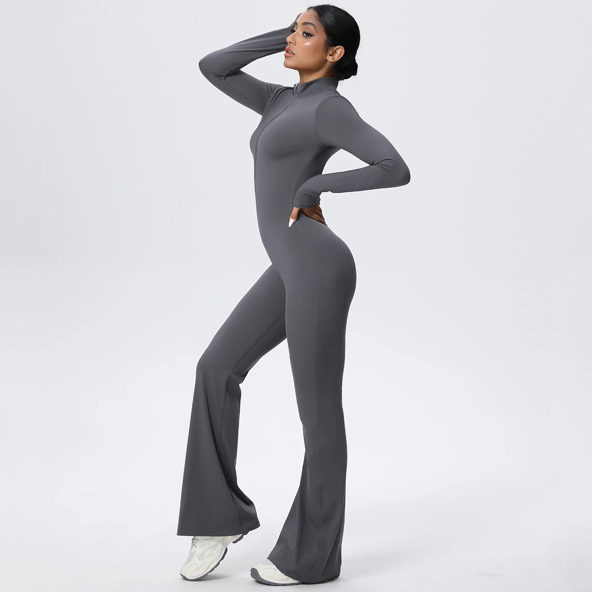 Woman's Fitness Yoga Bodysuit Solid Color Yoga Zipper Long Sleeves Trousers Gym High Strength Exercise Sports Bodysuit Leggings