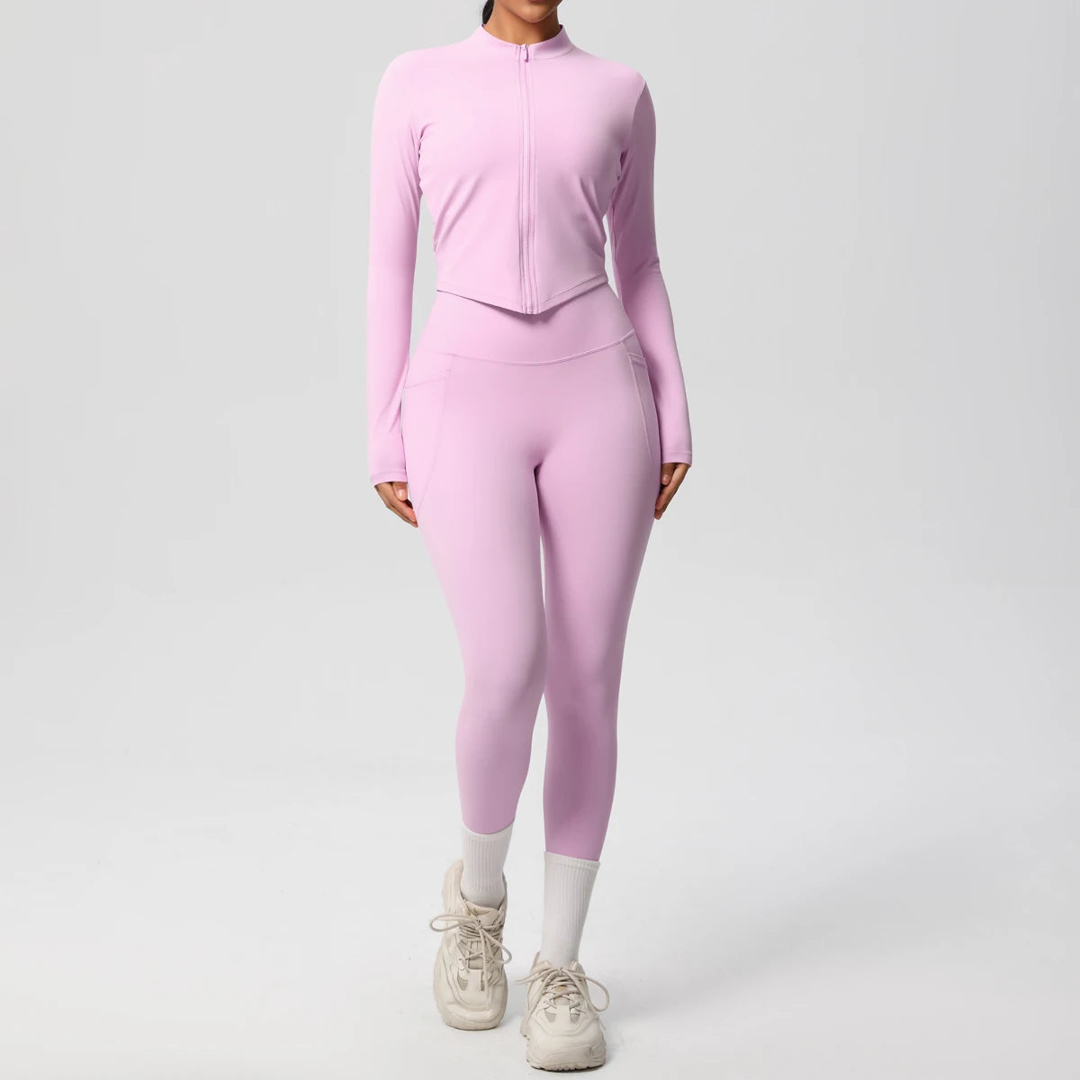 2PCS Yoga Suit Women Gym Set Leggings With Pocketed Women Tracksuit Running Zipper Workout Sportswear Long Sleeve Sports Shirt