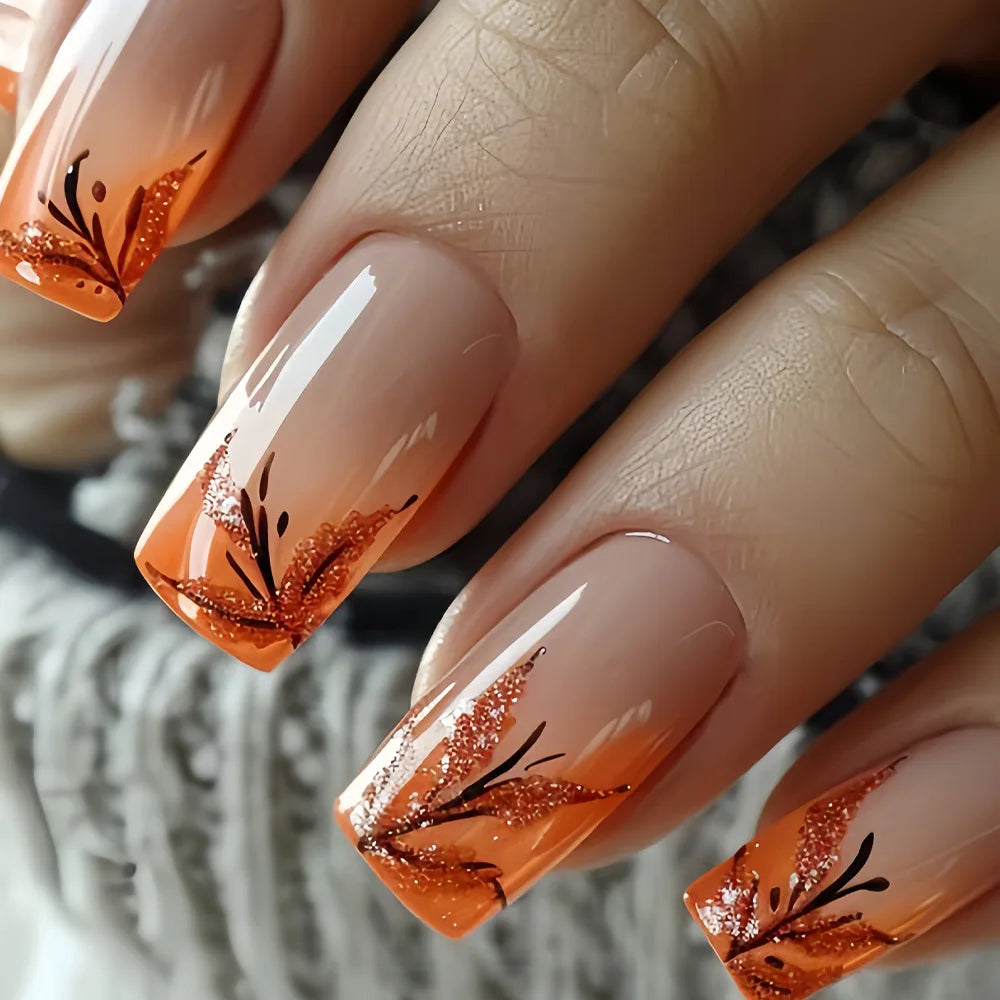 24Pcs Ladder-shaped Ballet False Nails with Glue Stripe Floral Nail Art Ombre French Press on Acrylic Nail Tips for Spice Girls