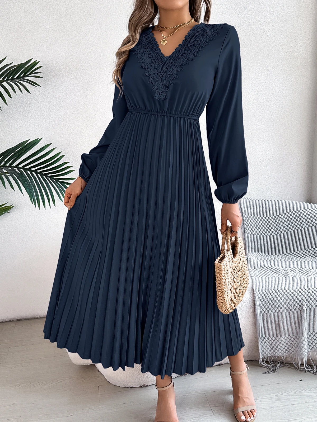 2026 Fashion Lace V Neck Lantern Long Sleeve Maxi Dress for Women Autumn Winter Casual Solid Color Pleated Dresses Khaki Red