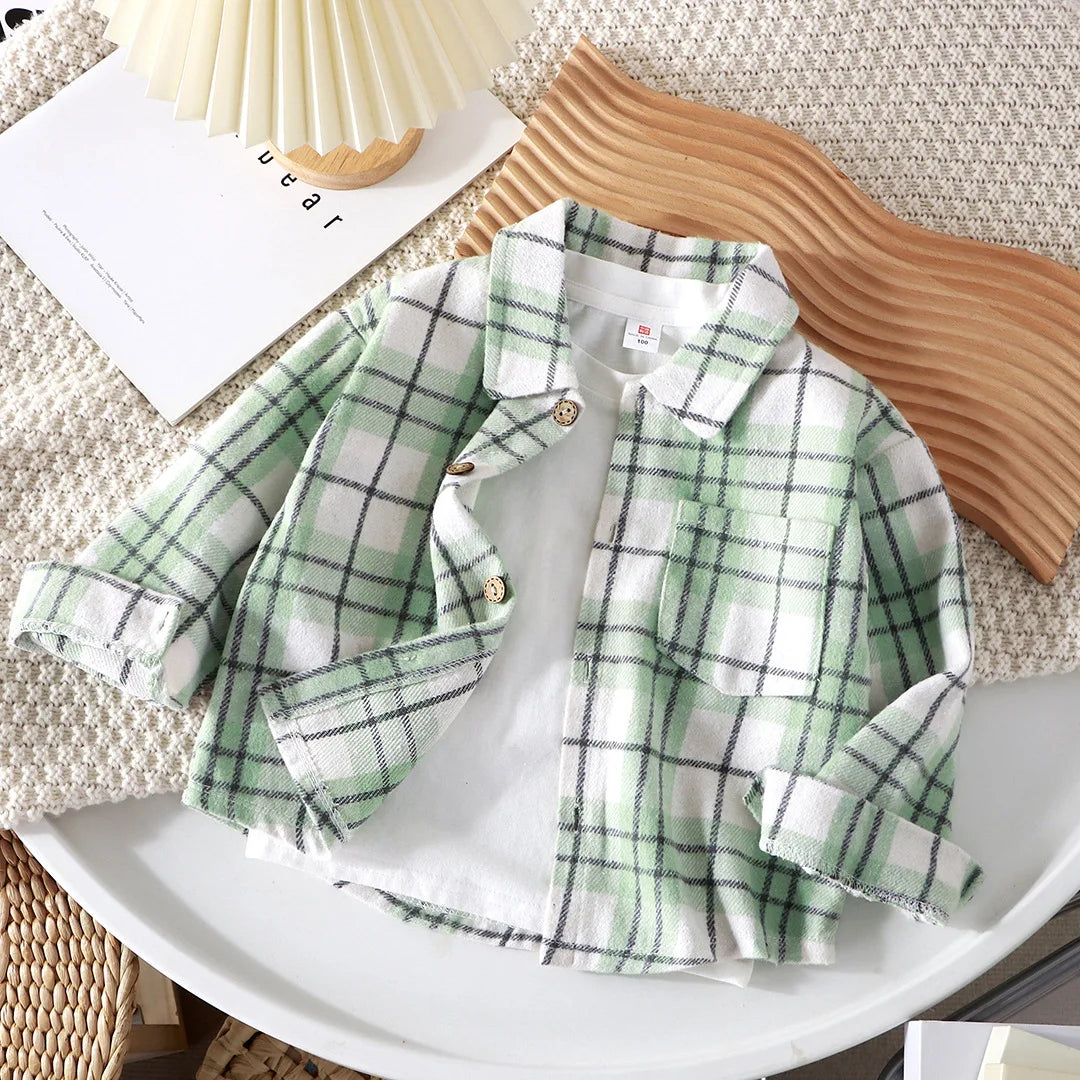 New 2026 Spring Autumn Kids Vintage Long Sleeve Lapel Casual Checked Shirt Tops Boys Classic Plaid Shirts Children's Clothing