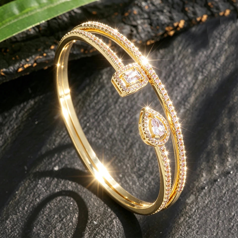 ZAKOL 2pcs/set Classic Geometric AAA Cubic Zirconia Open Bracelet for Women Shiny Crystal Engagement Wedding Party Bangle Set
