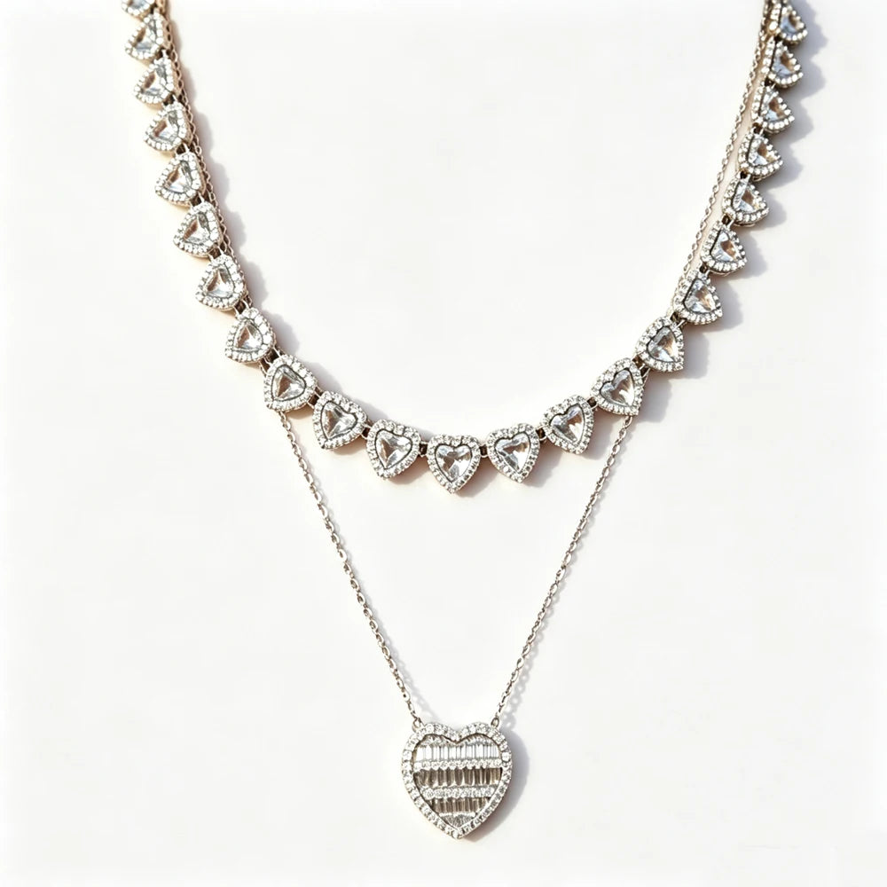 ZAKOL 2pcs/set 45CM Shiny Heart Rhinestone Hop Tennis Chain Stacked Necklace Unisex Fashion Goth Rock Hippie Choker Jewelry