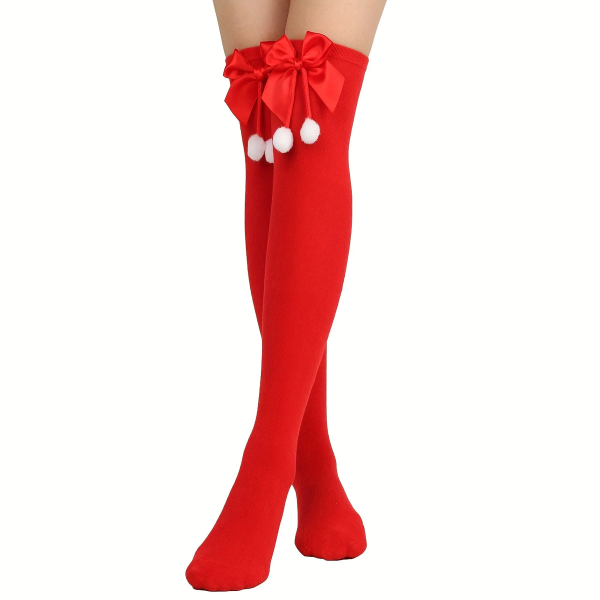 4-Pack Sweet Striped Stockings For Women Christmas Green Red Bows Cute Socks Over The Knee Long Socks Girls Stocking Students