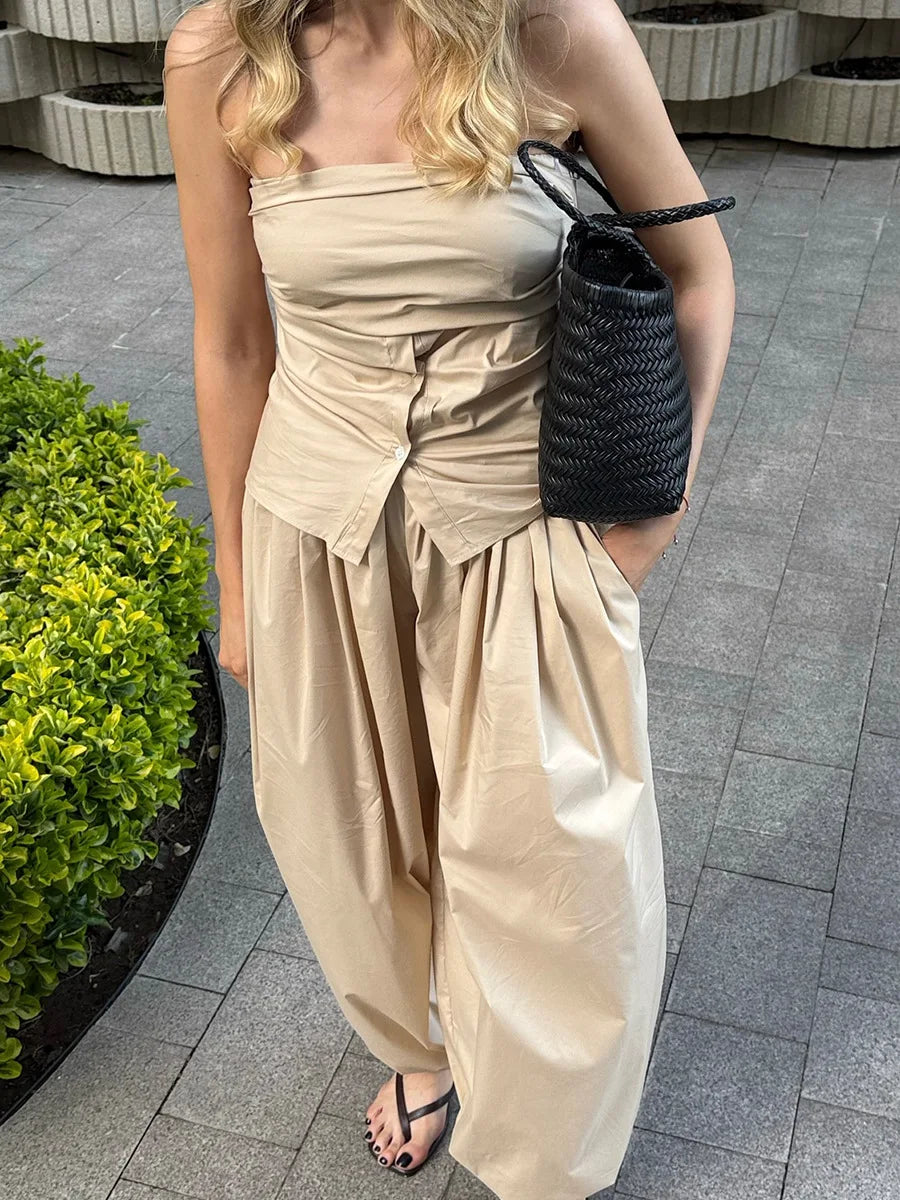 Y2k Fashion Pocket Bloomers Female Trousers Wide Leg Women Pants Pleated Loose High Waist Patchwork Bandage Streetwear