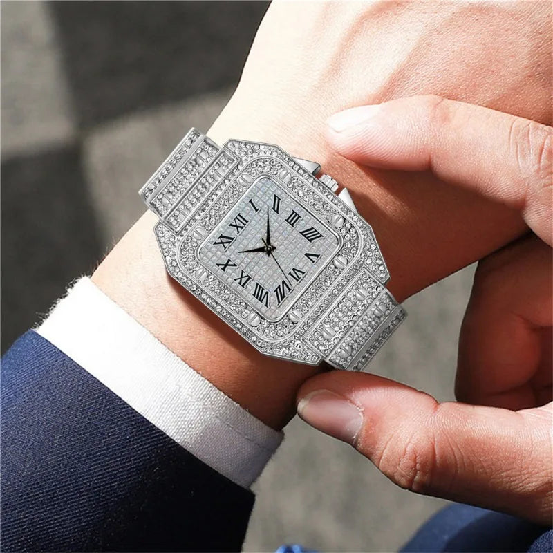 4PCS Fashion Iced Out Square Men Watch Cuban Chain Bracelet Necklaces Set Luxury Diamond Quartz Wristwatch Jewelry（Without Box）