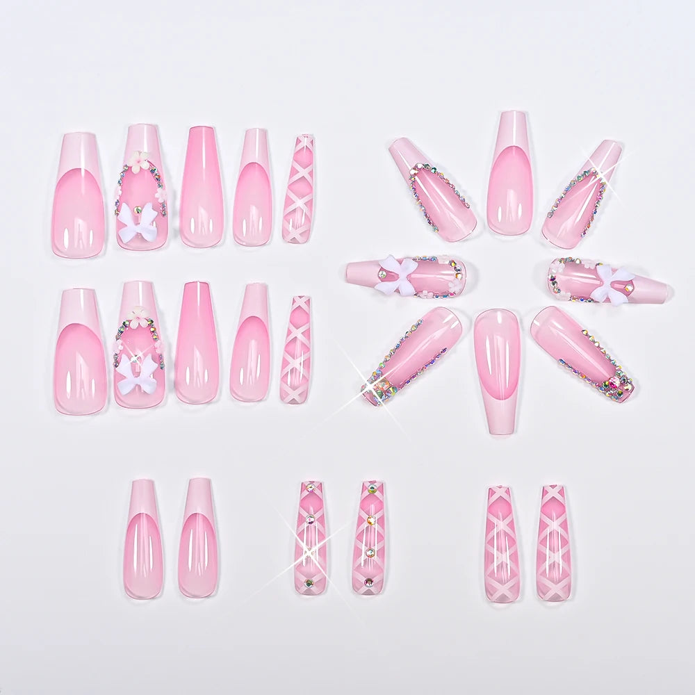 24Pcs Long Coffin French Fake Nails Acrylic Full Cover Square Head False Nails Bow Rhinestone Design Wearable Press on Nails