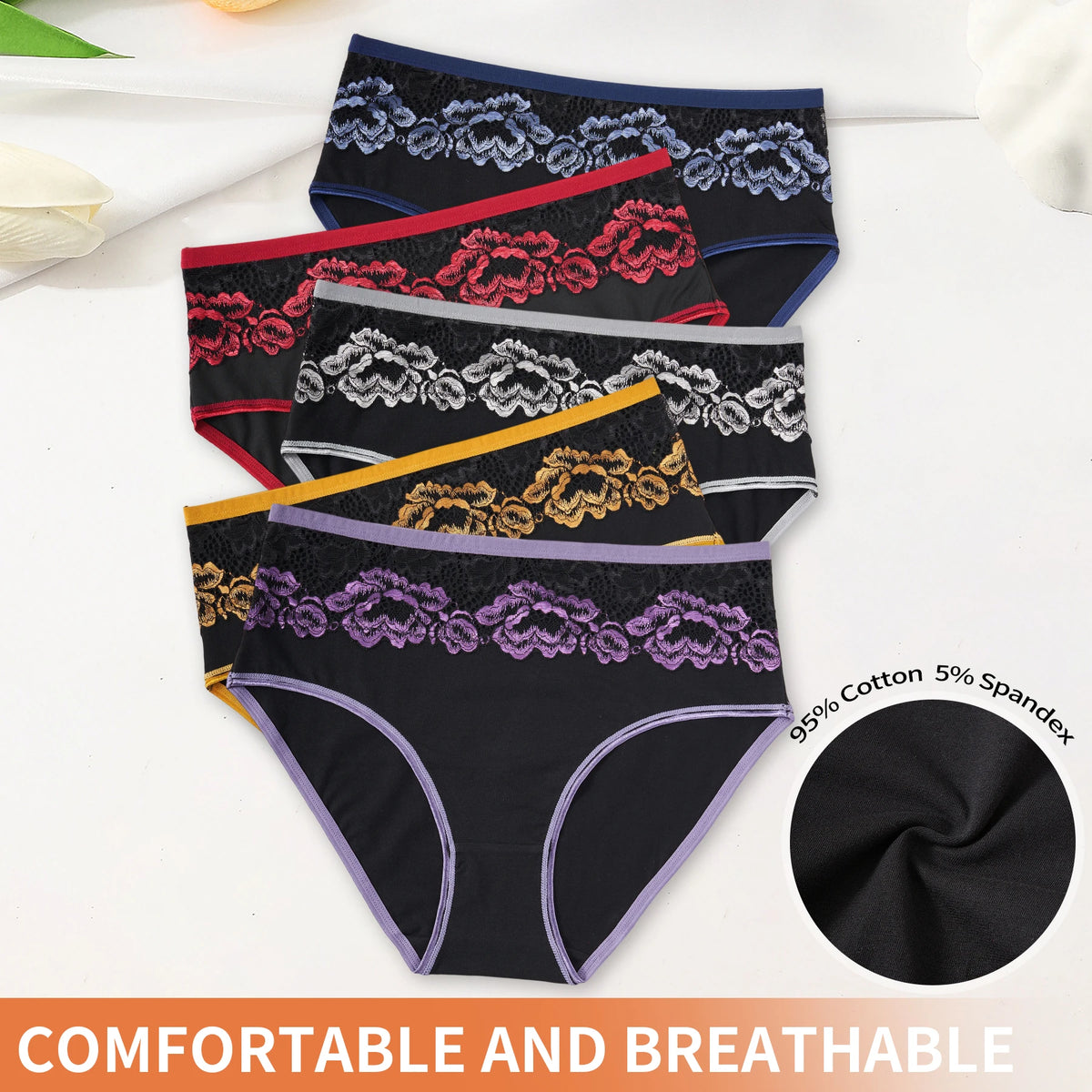 5 Pack Women's Lace Floral Underwear High Rise Soft Comfy Briefs Contrast Color Trim Panties Breathable Ladies Daily Lingerie