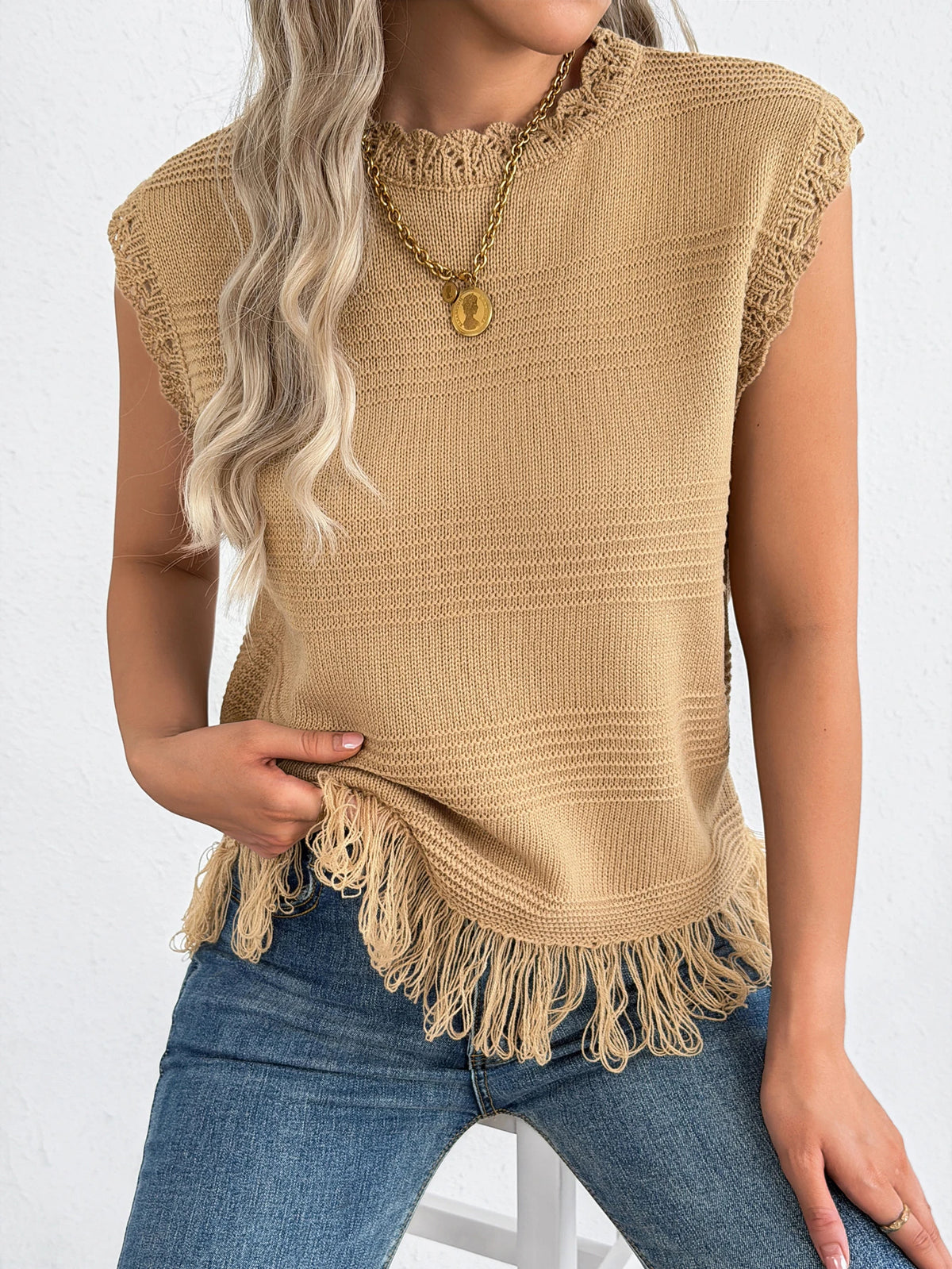 2026 Casual Round Neck Sleeveless Tassel Knit Sweater Vest for Spring Summer and Autumn Style Women Clothes Red Apricot Khaki