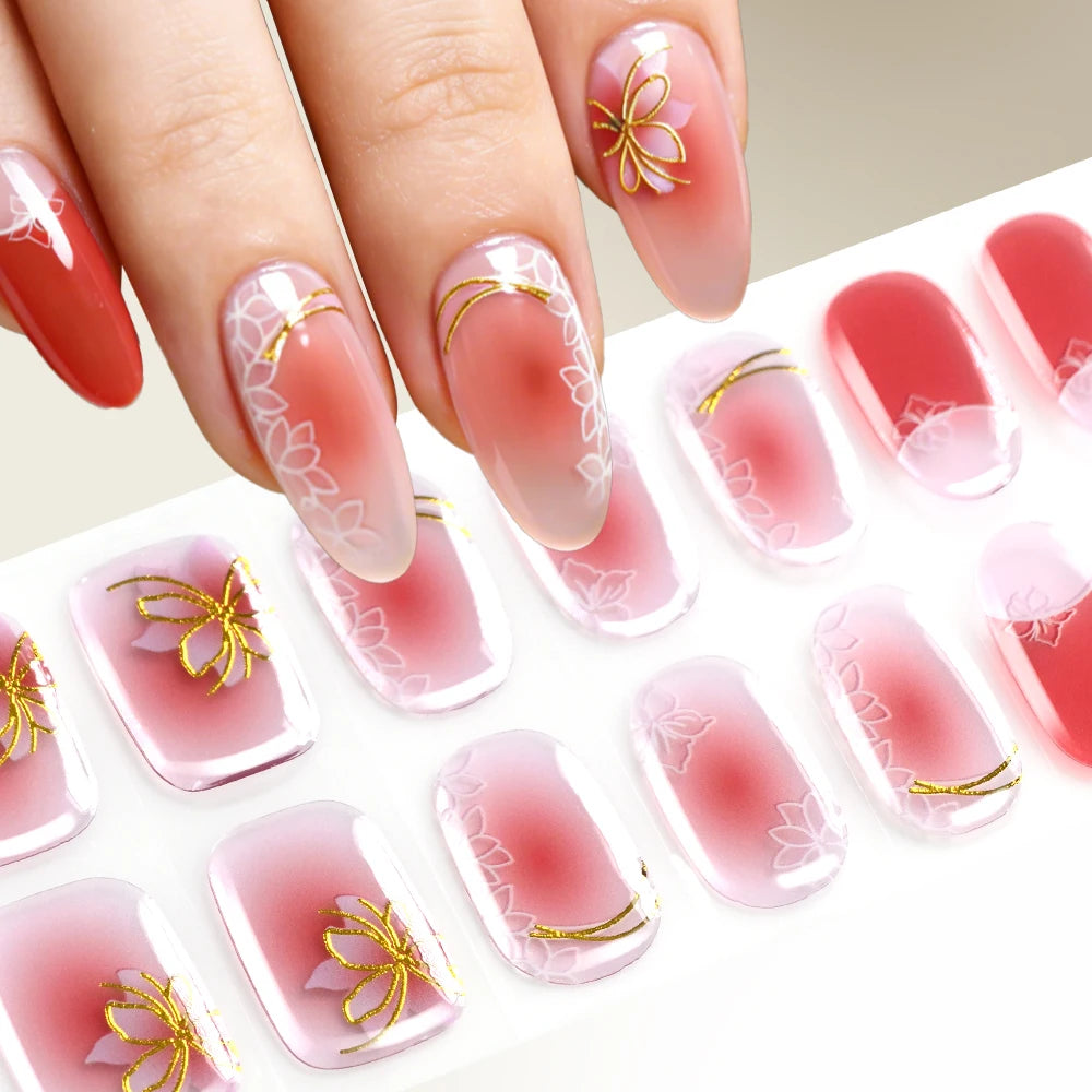 16Tips Gradient Semi Cured Gel Nail Strips Blush Flower Design Full Wrap Nail Decals French Gold Lines Gel Nail Polish Sticker