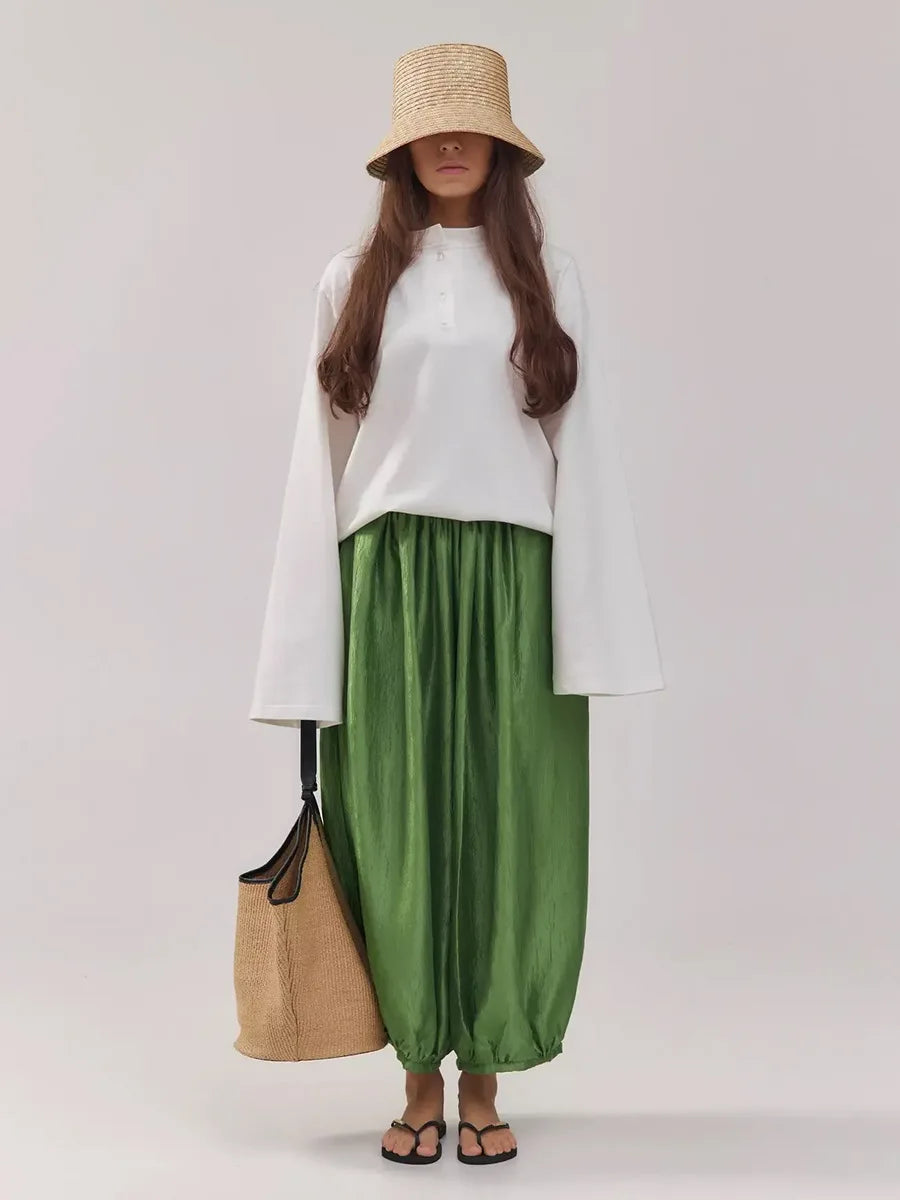 Women's Shiny Satin Solid Loose Fit Lantern Pants Elastic Waist Trousers Casual High Waist Commute Puffy Balloon Streetwear