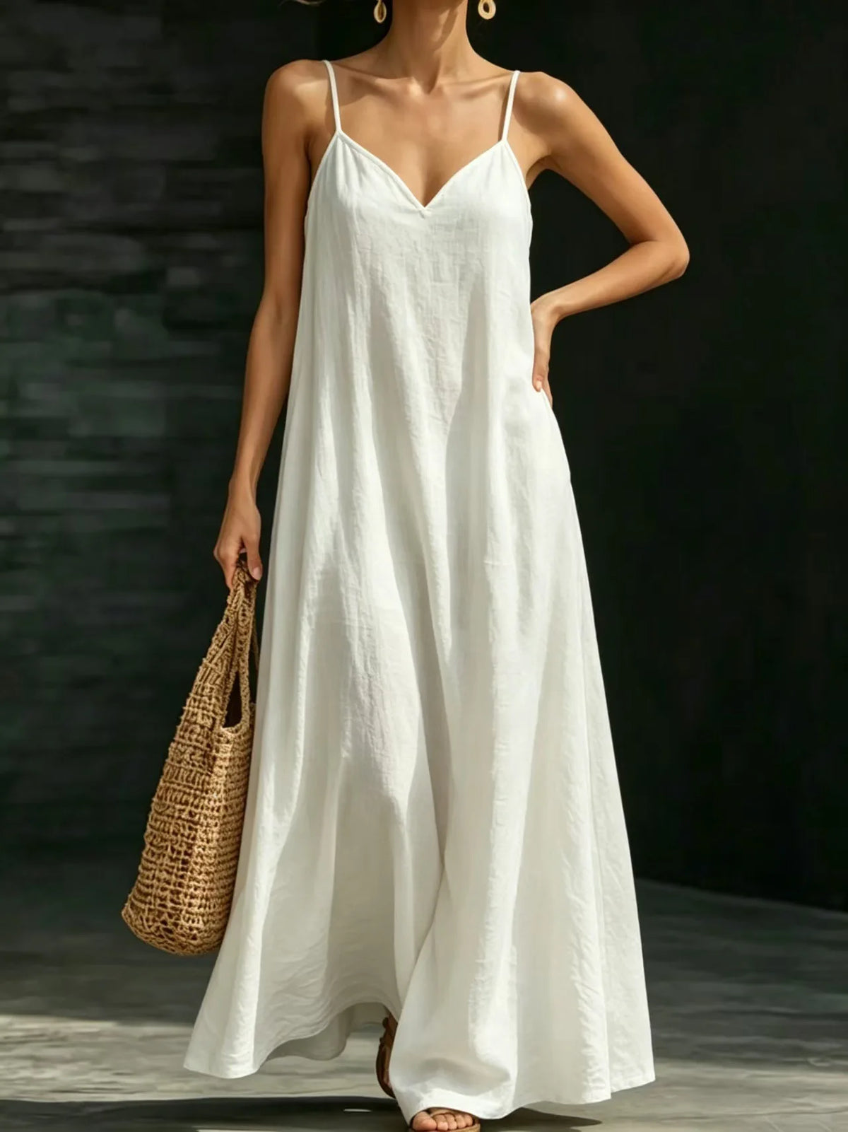 Women Linen Spaghetti Strap Maxi Dress V Neck Loose Swing Long Dress With Pockets Casual Summer Beach Vacation Sundress Ladies