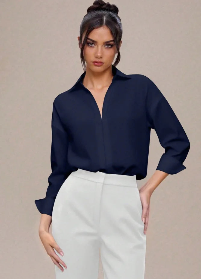 Women Shirt Bodysuit Oversized Boyfriend Half Sleeve Blouse Deep V Collar Bodysuit Shirts Elegant Office Lady Jumpsuit Top