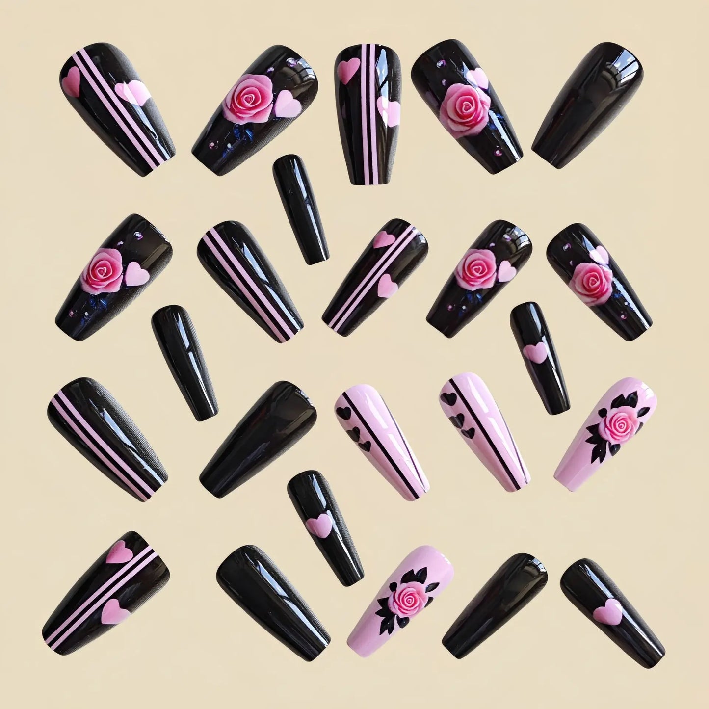 Medium long fake nails for women green white pink red flowers for Spring summer ballet tips full cover acrylic press on nail