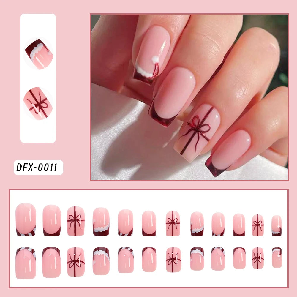 24Pcs Glitter powder French Christmas Fake Nails Almond Full Cover False Nails Snowflake with Bowknot Rhinestone Press On Nails