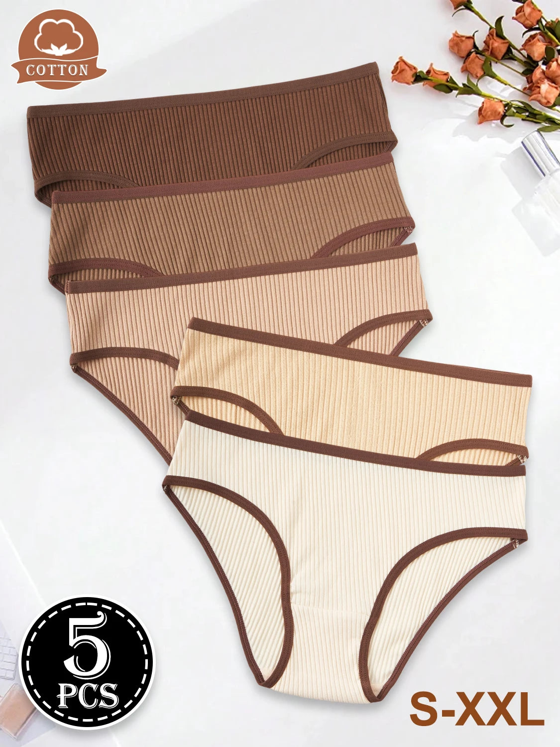 5PCS Maillard Color Sports Style Cotton Women's Panties Girls' Underwear Low-Rise Striped Breathable Female Soft Briefs Lingerie