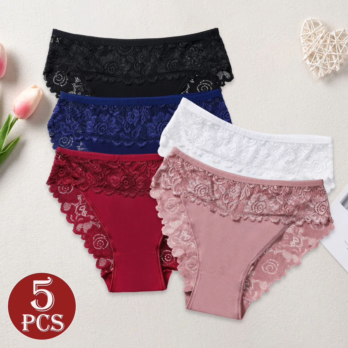 5PCS Women's Cotton Underwear Semi-Sheer Elegant Lace Floral Panties Solid Color Mid-Rise Comfortable Briefs Sexy Lingerie
