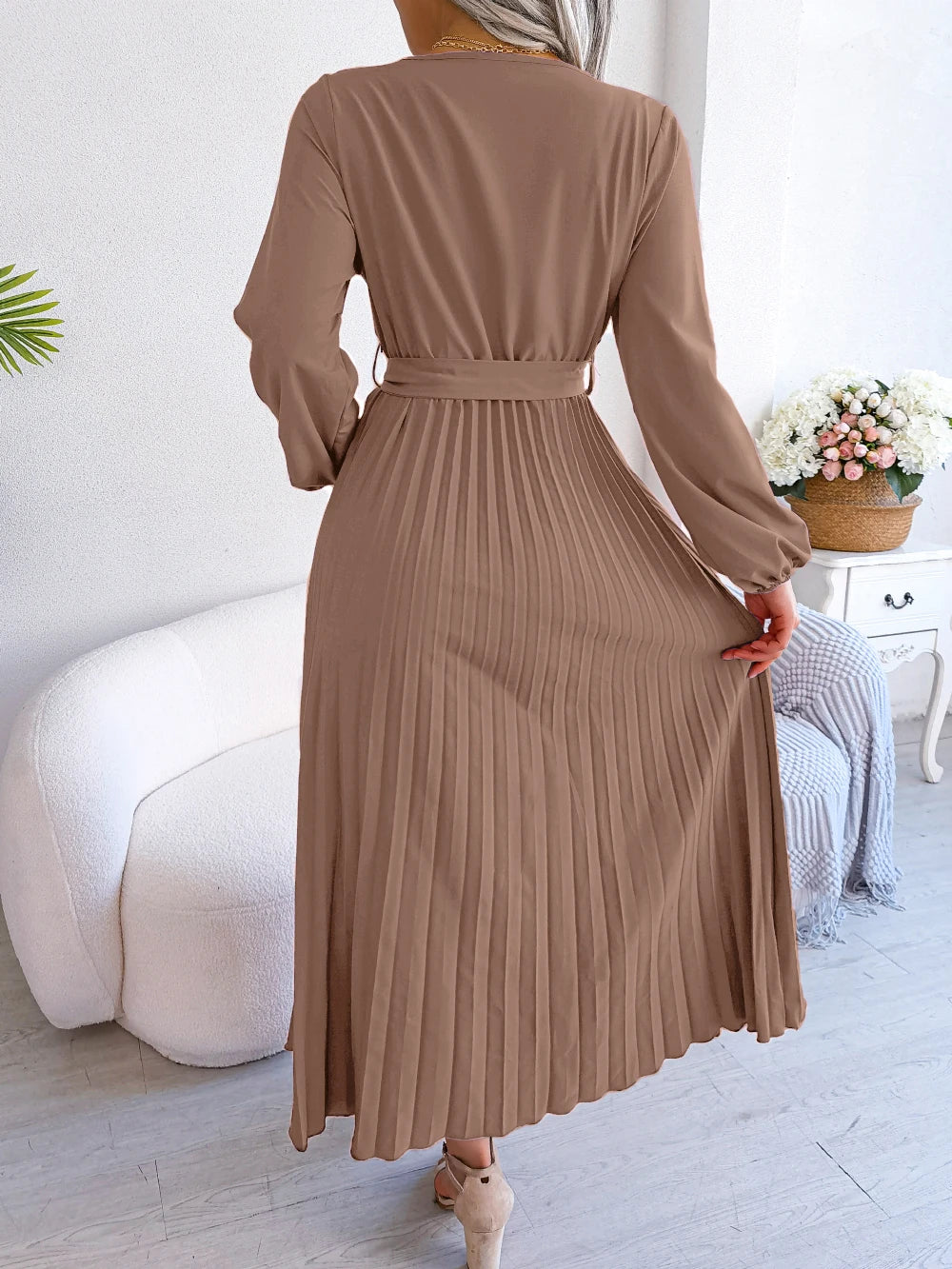 Women Elegant V Neck Long Sleeve Pleated Maxi Dress