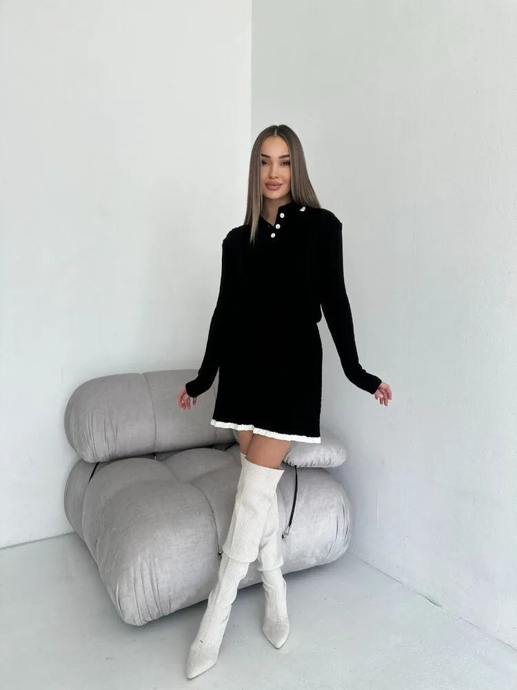 BKLD 2026 New Casual Skirt Sets Long Sleeve Tops Knitted Button Sweater And Mini Skirts Two Piece Sets Clothes For Women