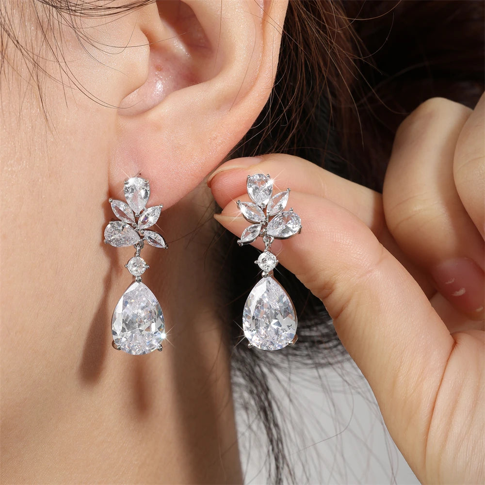 ZAKOL 9 Types Classic Sparkling Water Drop Zircon Pendant Dangle Earrings for Women Gorgeous Bride Bridesmaid Earring Jewelry