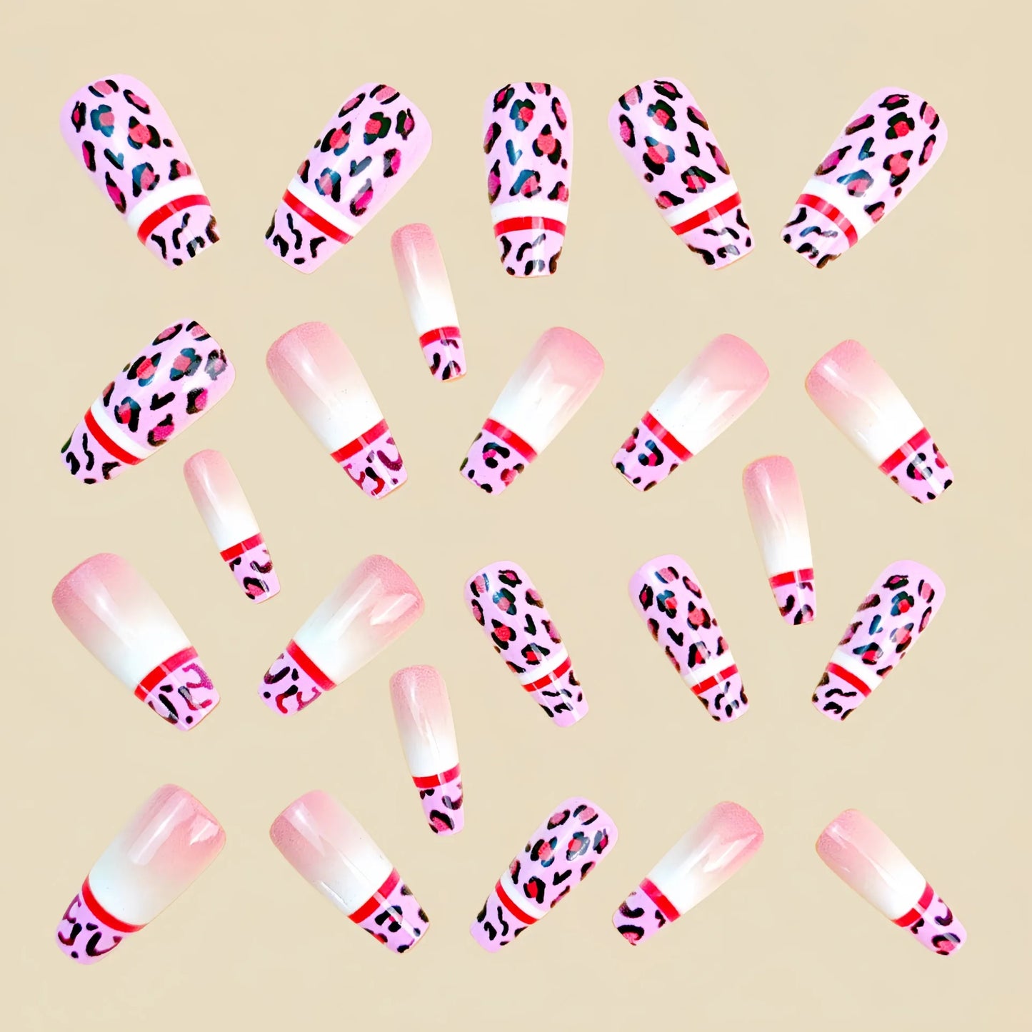 Medium fake nails for women girls gradient rose pink blue leopard print glossy Ballet shape full cover press on false nail art