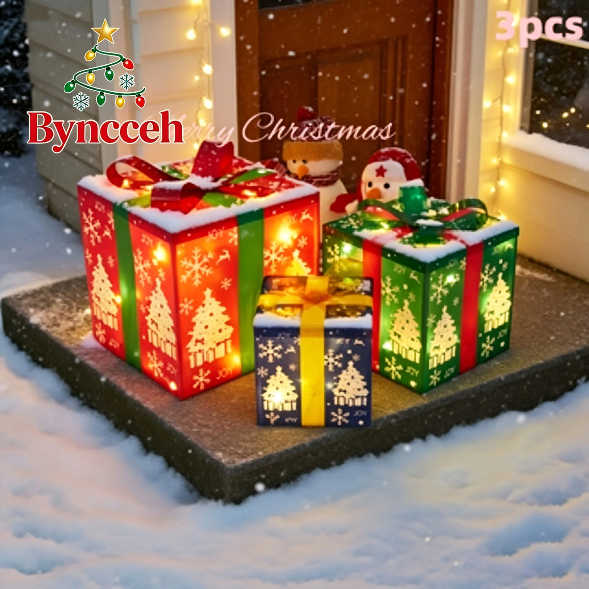 3 Pack Light Up Christmas Gift Box Ornaments, Battery Powered, Indoor & Outdoor Xmas Home, Porch, Lawn Holiday Decor