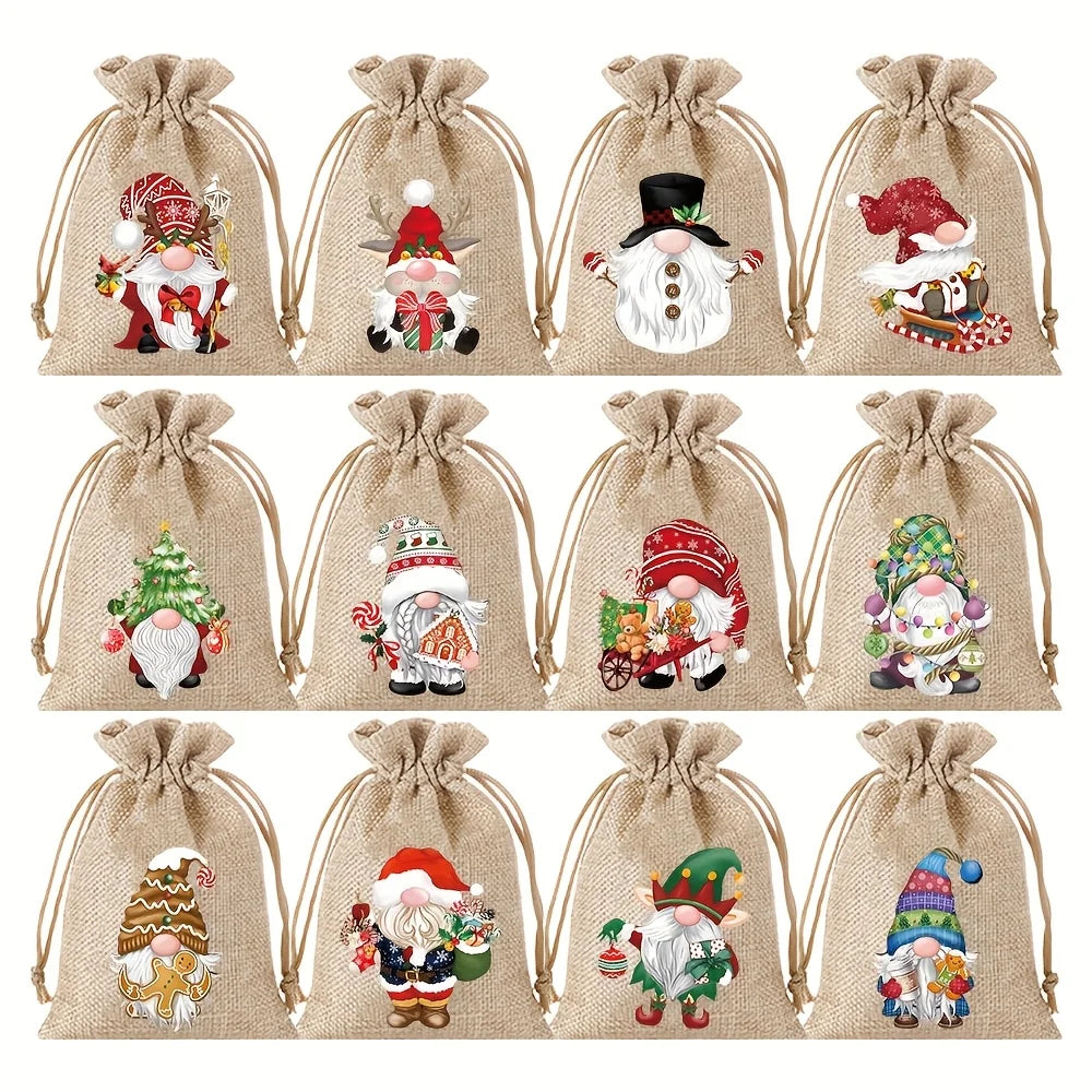 12Pcs Retro Red Truck Christmas Drawstring Pockets, Various Christmas Element Carriers, Painted and Printed Fabric Small Bags